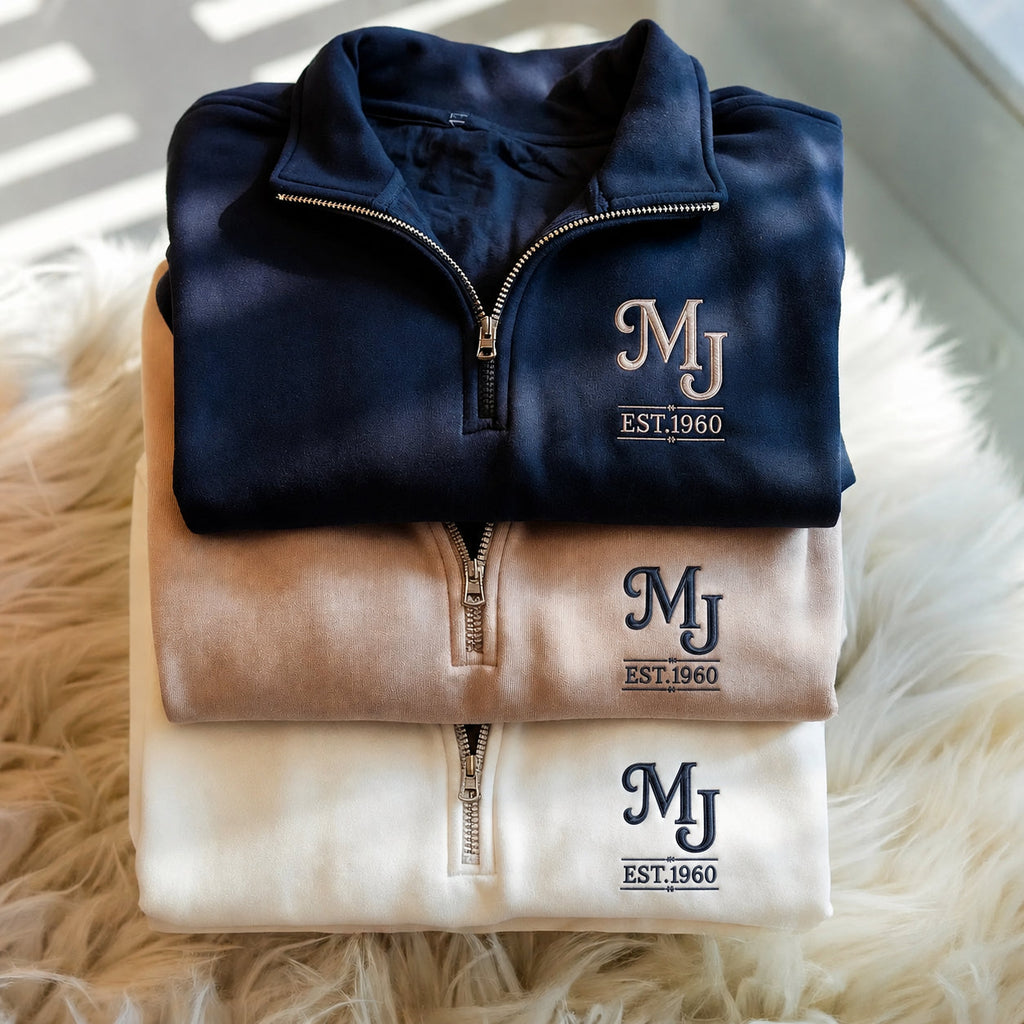 1960 Custom Monogram Embroidery with Name and Year Vintage Logo Premium Unisex Sweatshirt, Quarter Zip Sweatshirt, Hoodies, T-shirts