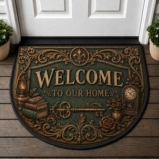 Vintage Antique Welcome To Our Home Doormat - Rustic Key & Clock Mat - 5to9vibe