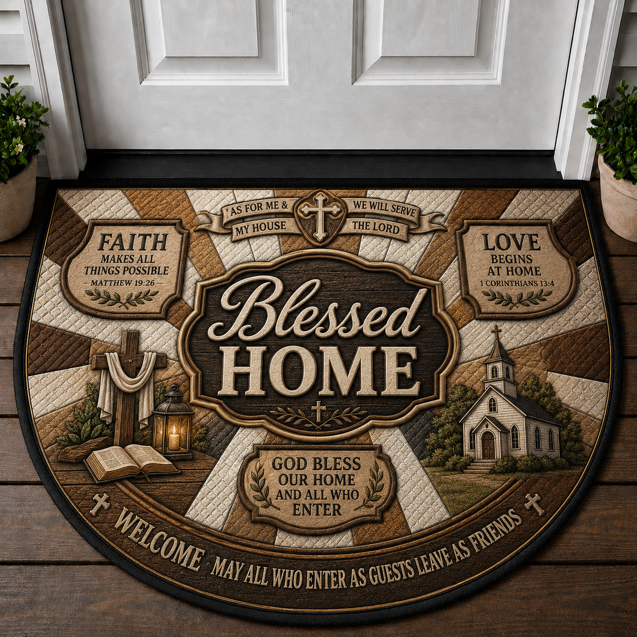 God Bless This Home Doormat - Christian Cross & Lilies Welcome Mat - 5to9vibe