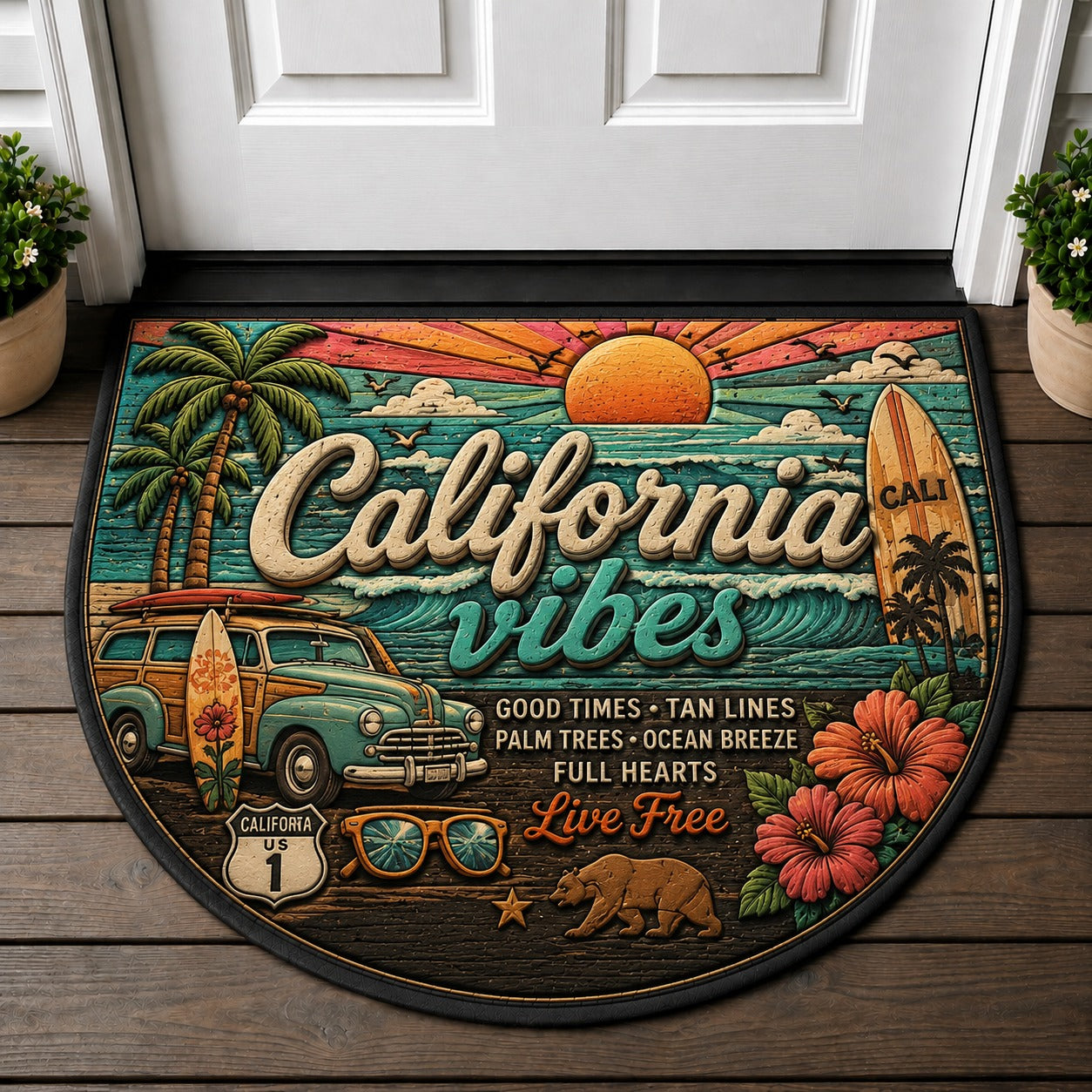 Beach House Retro Camper Doormat - Surfboards & Ocean Waves Welcome Mat - 5to9vibe