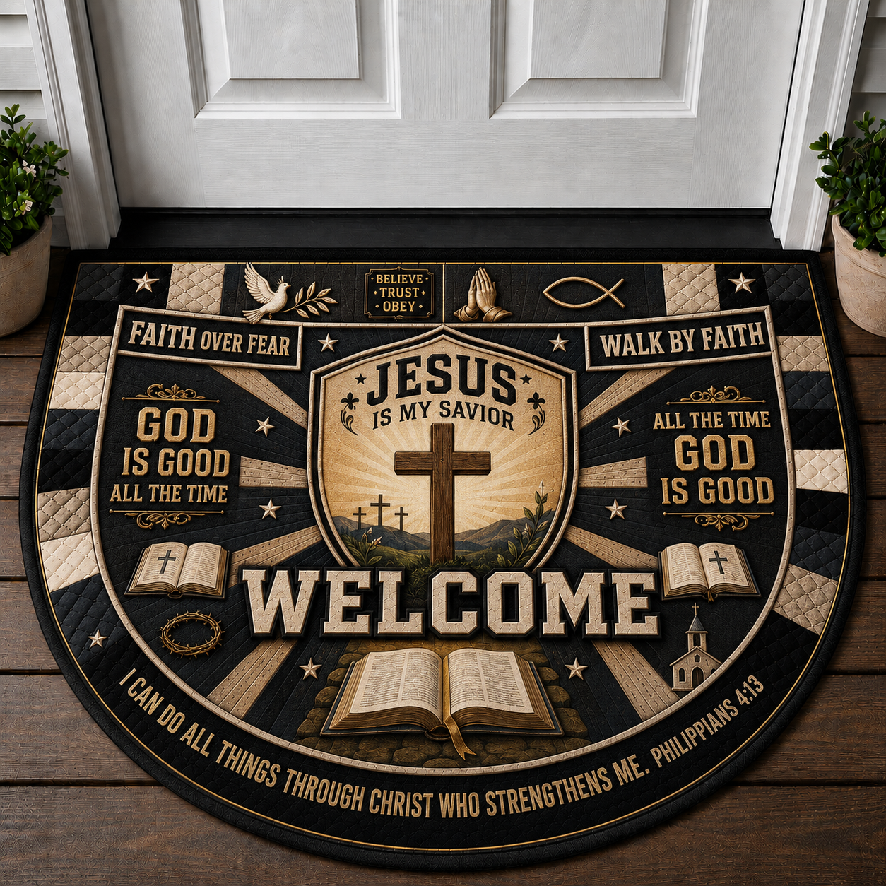 We Will Serve The Lord Cross Doormat - Faith Hope Love Welcome Mat - 5to9vibe