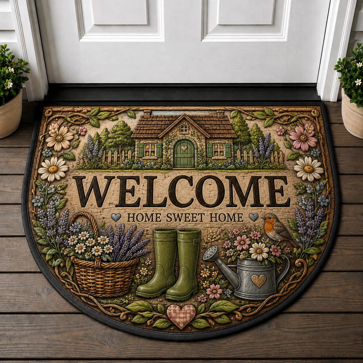 Welcome To Our Happy Place Doormat - Retro Daisy Groovy Smiling Flower Welcome Mat - 5to9vibe