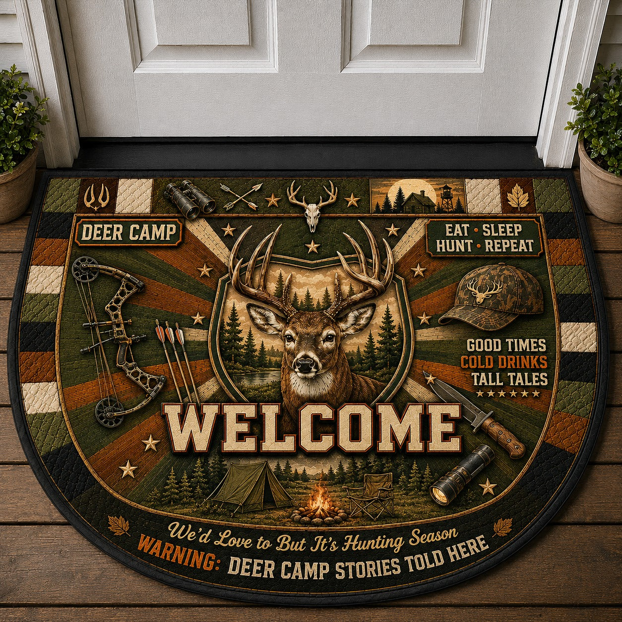 Deer Camp Hunting Stories Quilted Print Premium Welcome Mat – Personalized Doormat