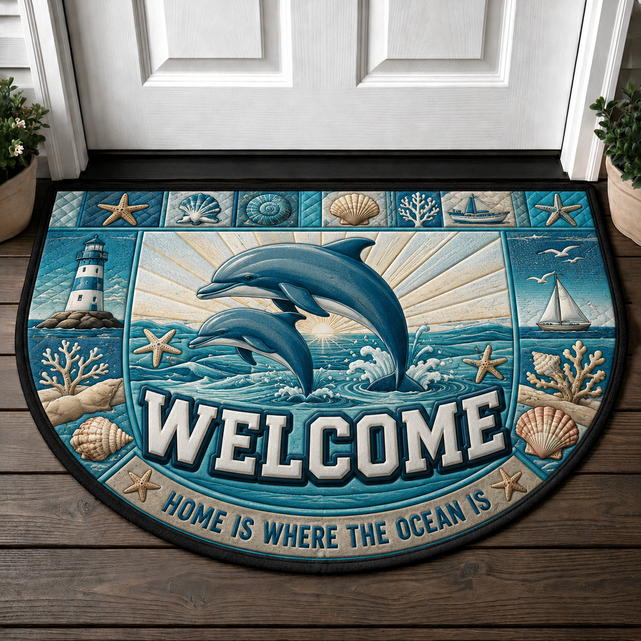 Home Is Where The Light Is Doormat - Coastal Lighthouse & Sailboat Welcome Mat - 5to9vibe