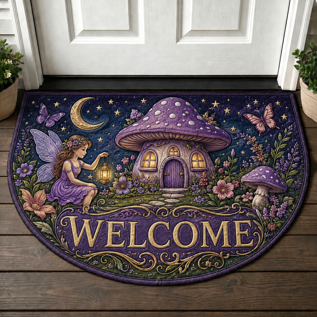Enchanted Fairy Mushroom House Welcome Mat - Magical Night Garden Doormat - 5to9vibe