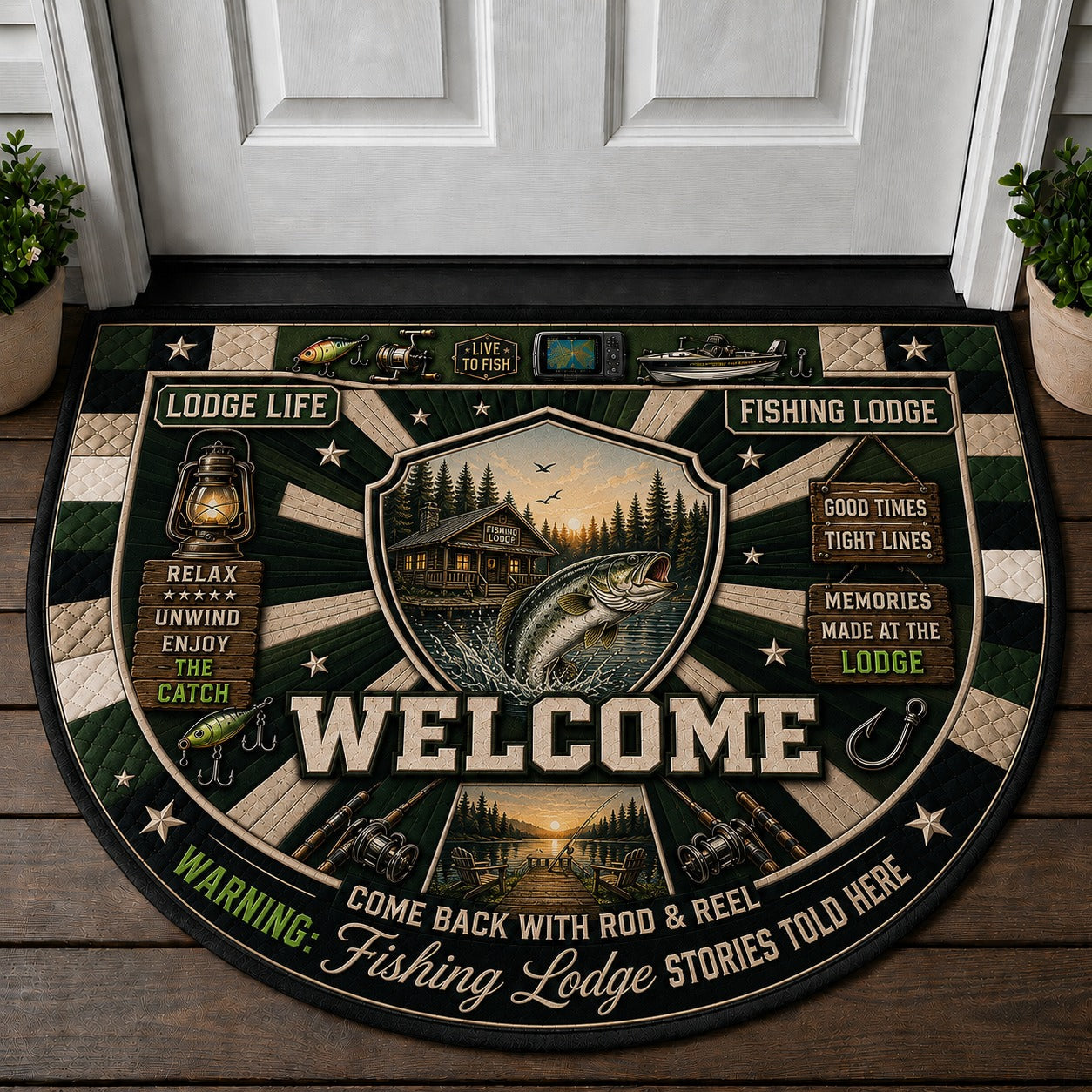 Fishing Lodge Cabin Retreat Quilted Print Premium Welcome Mat – Personalized Doormat