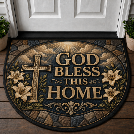 God Bless This Home Doormat - Christian Cross & Lilies Welcome Mat - 5to9vibe