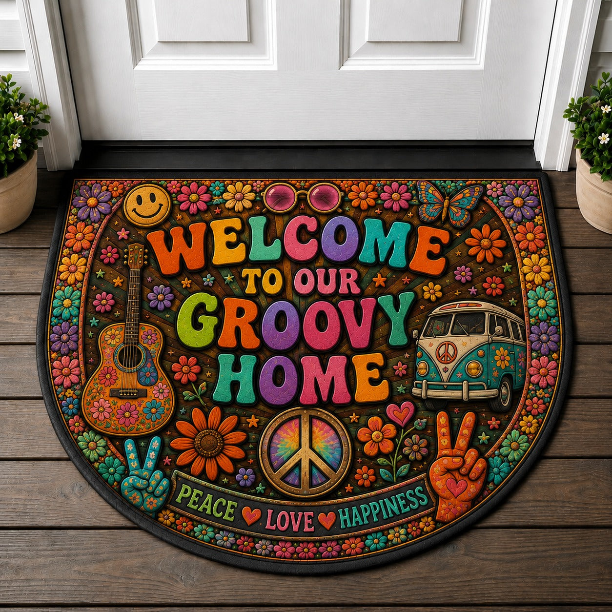Good Vibes Only Boho Doormat - Desert Cactus & Rainbow Outdoor Welcome Mat - 5to9vibe