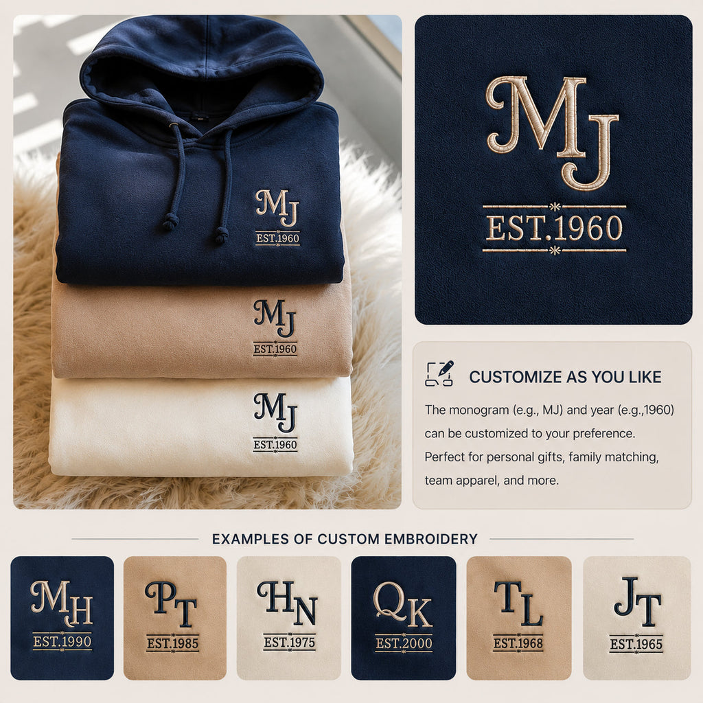 1960 Custom Monogram Embroidery with Name and Year Vintage Logo Premium Unisex Sweatshirt, Quarter Zip Sweatshirt, Hoodies, T-shirts