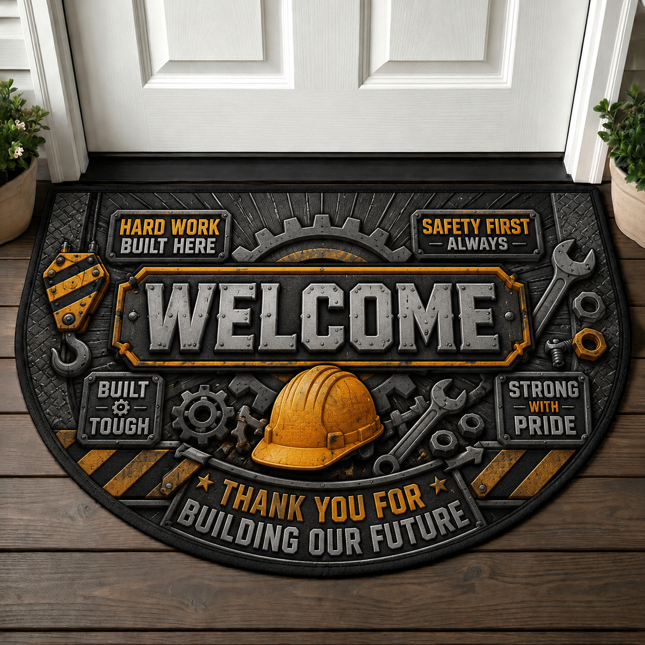 Welcome To Our Industrial Home Doormat - Vintage Brick & Metal Gear Welcome Mat - 5to9vibe