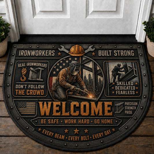 Ironworker Welcome Mat – "Built Strong" Steel Construction Worker Doormat - 5to9vibe