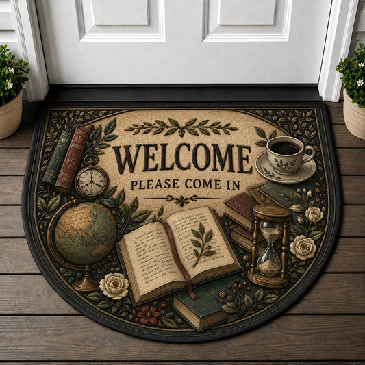 Welcome Please Come In Doormat - Light Academia Vintage Book Study Welcome Mat - 5to9vibe