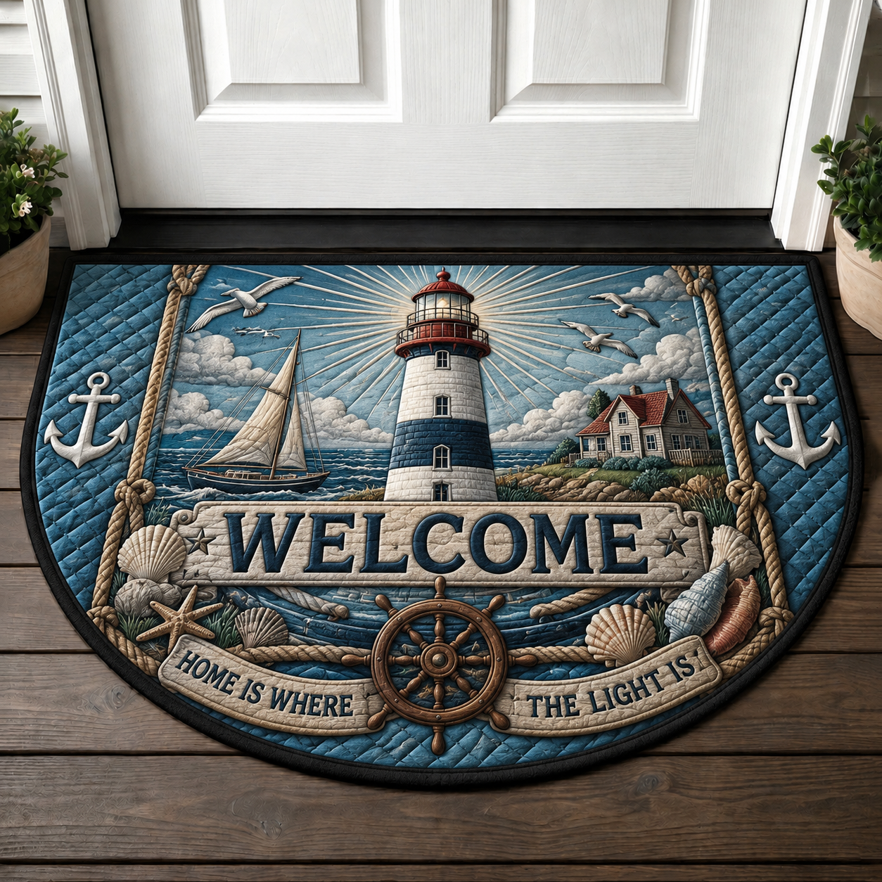 Home Is Where The Light Is Doormat - Coastal Lighthouse & Sailboat Welcome Mat - 5to9vibe