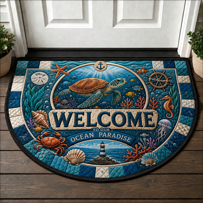 Nautical Welcome To Our Home Doormat - Coastal Lighthouse & Sailboat Outdoor Mat - 5to9vibe