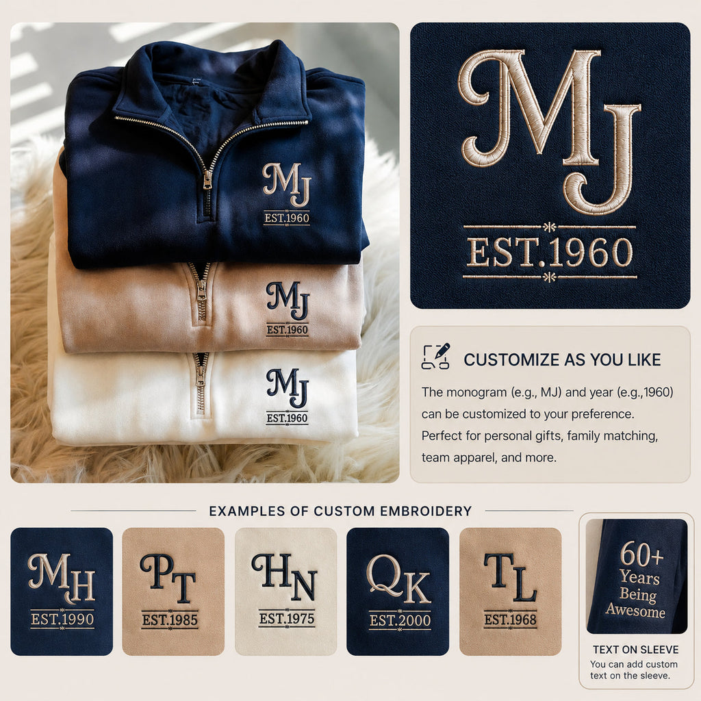 1960 Custom Monogram Embroidery with Name and Year Vintage Logo Premium Unisex Sweatshirt, Quarter Zip Sweatshirt, Hoodies, T-shirts