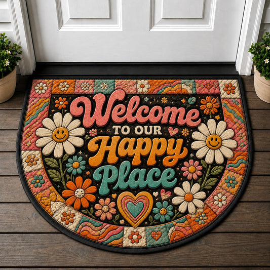 Welcome To Our Happy Place Doormat - Retro Daisy Groovy Smiling Flower Welcome Mat - 5to9vibe