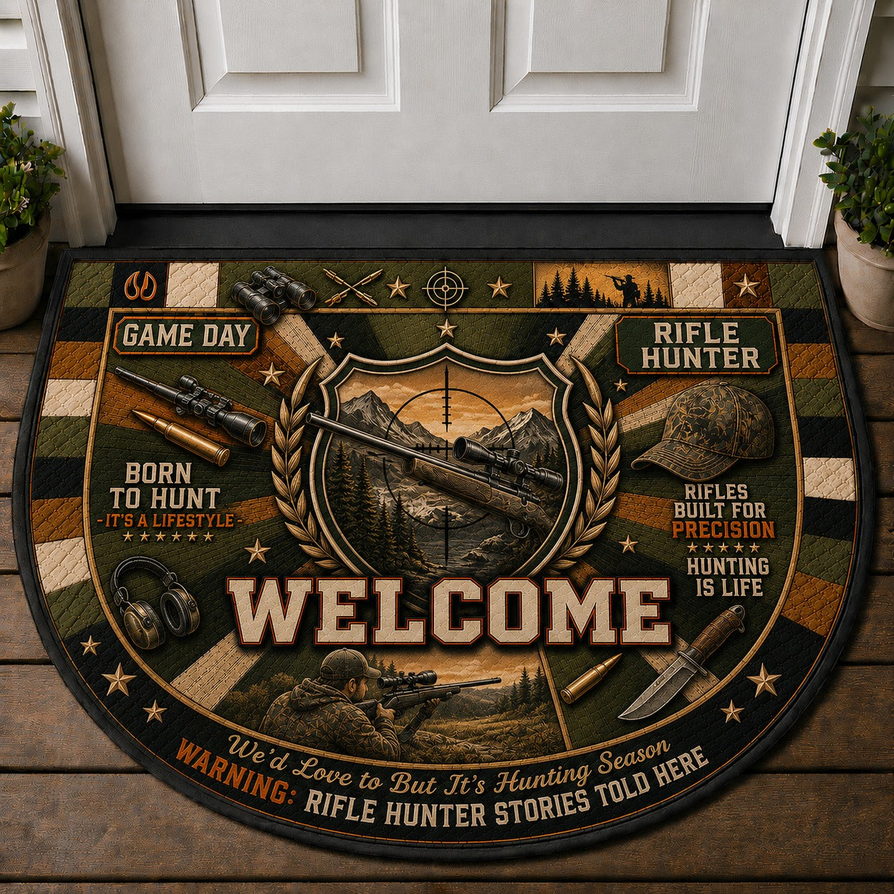 Rifle Hunter Outdoor Adventures Quilted Print Premium Welcome Mat – Personalized Doormat