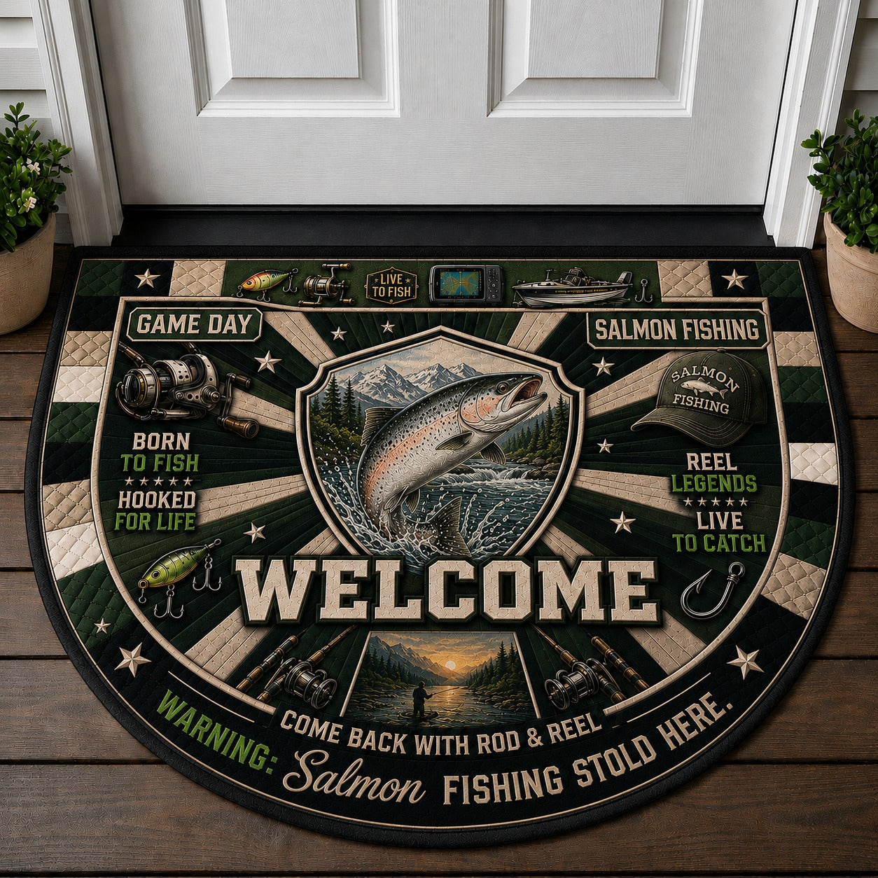 Salmon Fishing River Adventures Quilted Print Premium Welcome Mat – Personalized Doormat