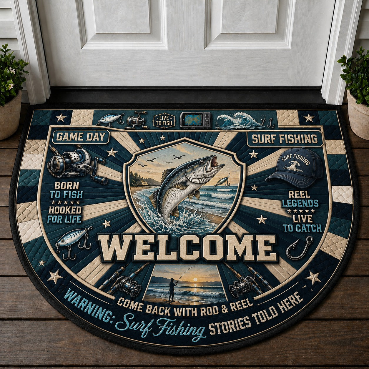 Surf Fishing Beach Adventures Quilted Print Premium Welcome Mat – Personalized Doormat