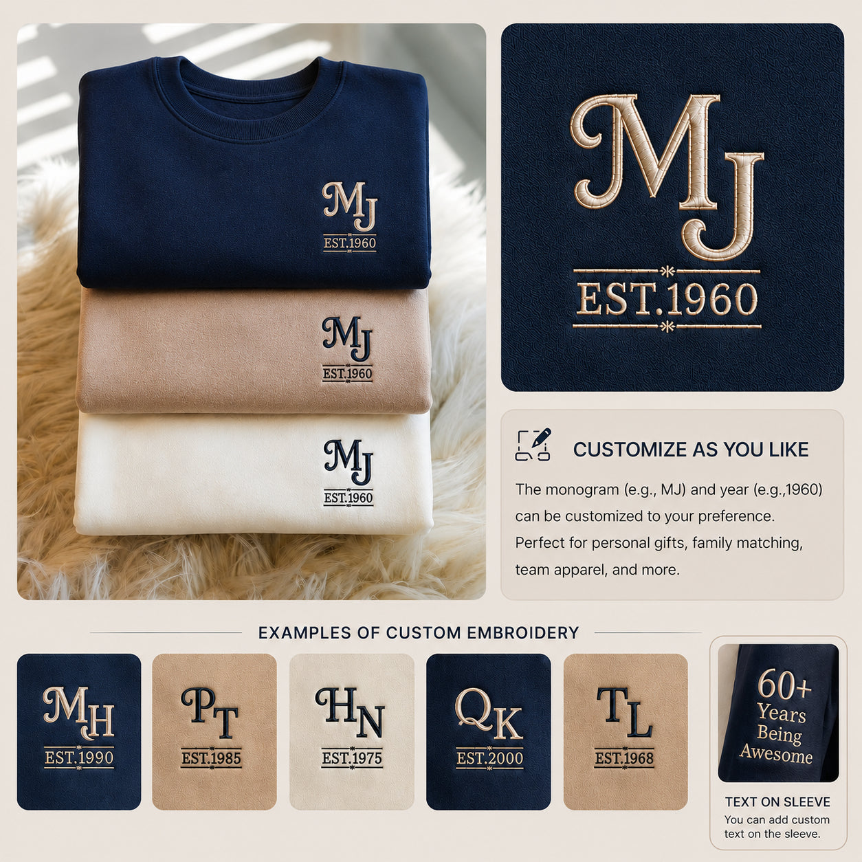 1960 Custom Monogram Embroidery with Name and Year Vintage Logo Premium Quarter Zip Sweatshirt, Unisex Sweatshirt, Hoodies, T-shirts