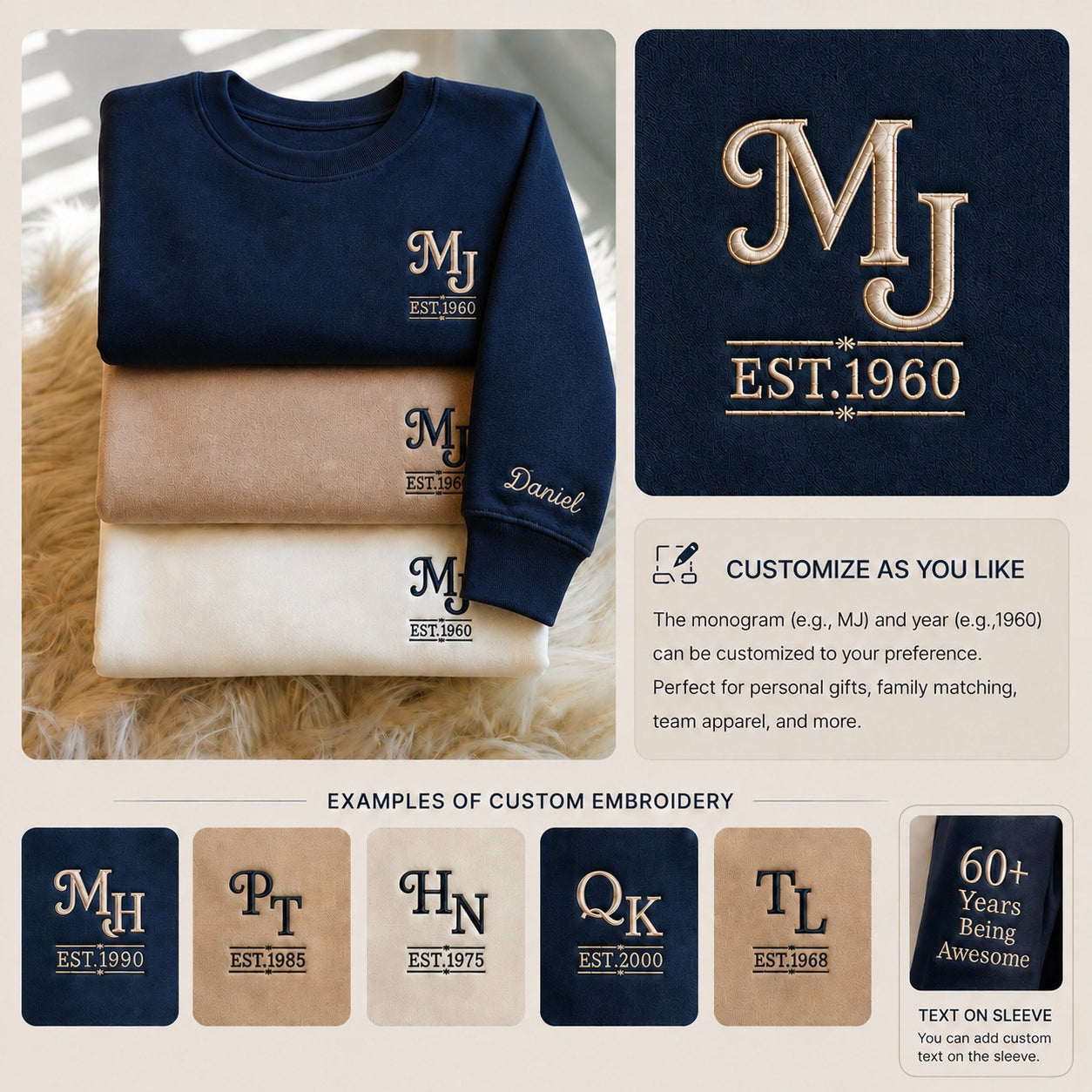 1960 Custom Monogram Embroidery with Name and Year Vintage Logo Premium Unisex Sweatshirt, Quarter Zip Sweatshirt, Hoodies, T-shirts