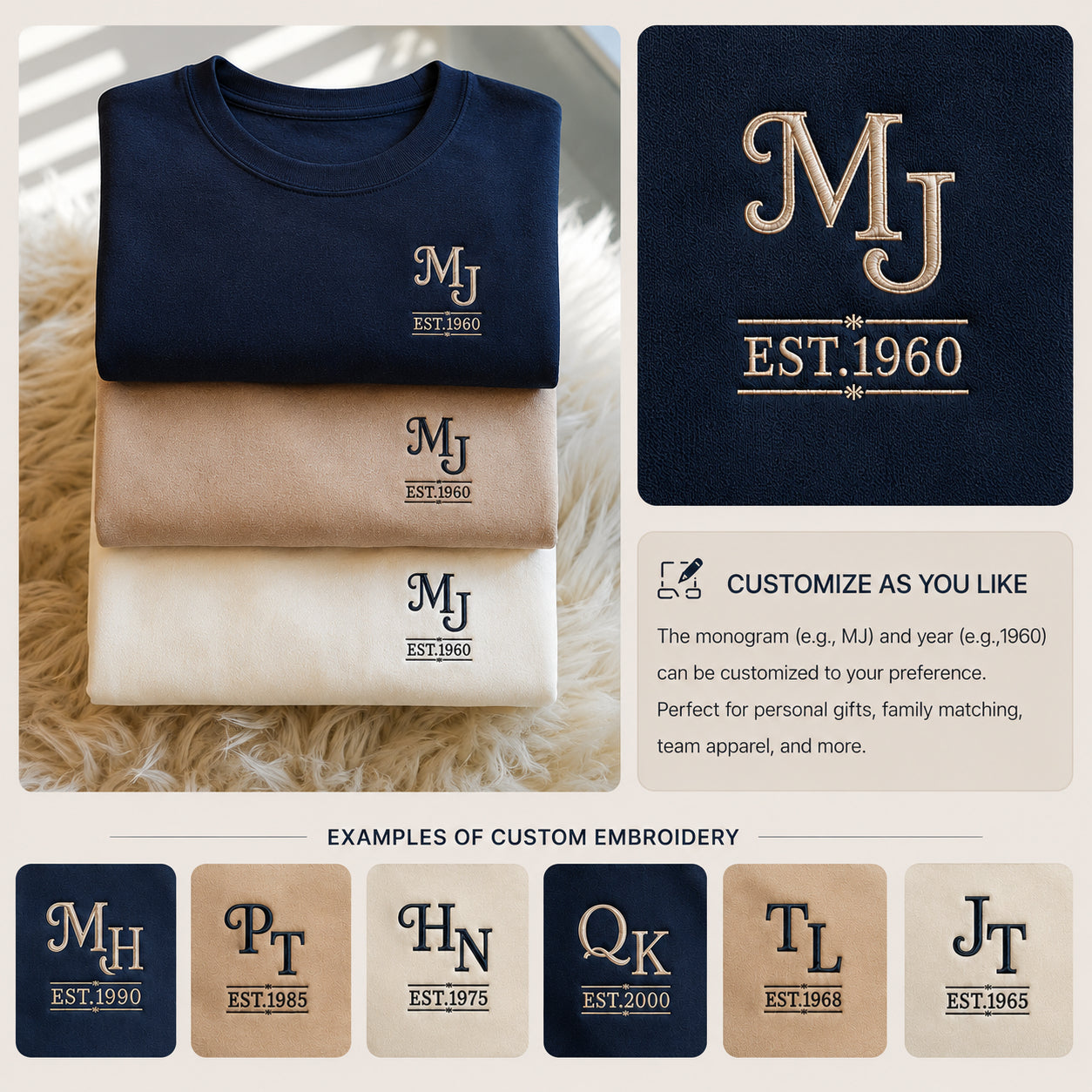 1960 Custom Monogram Embroidery with Name and Year Vintage Logo Premium Unisex Sweatshirt, Quarter Zip Sweatshirt, Hoodies, T-shirts
