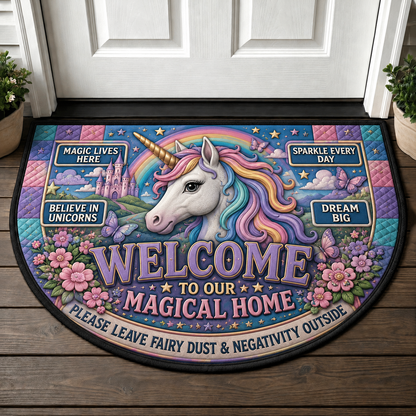 Welcome To Our Magical Home Unicorn Doormat - Rainbow & Castle Welcome Mat - 5to9vibe