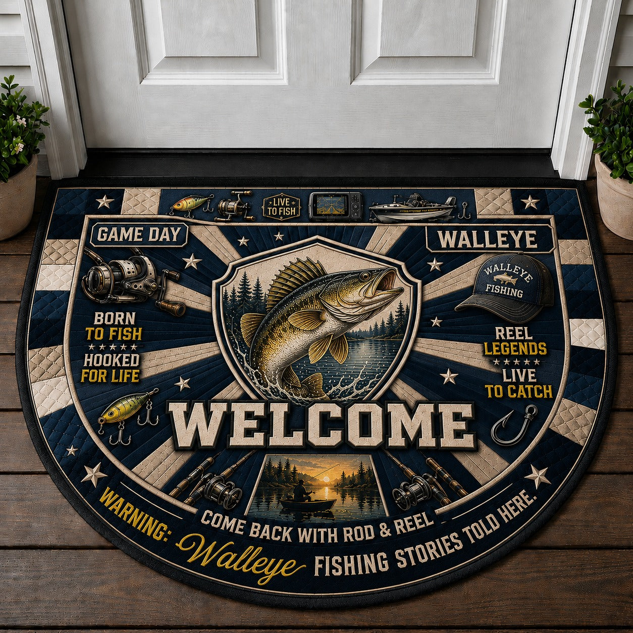 Walleye Fishing Lake Adventures Quilted Print Premium Welcome Mat – Personalized Doormat