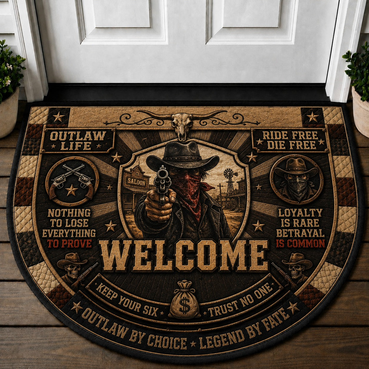 Western Outlaw Welcome Mat – "Outlaw By Choice" Vintage Cowboy Revolver Doormat - 5to9vibe