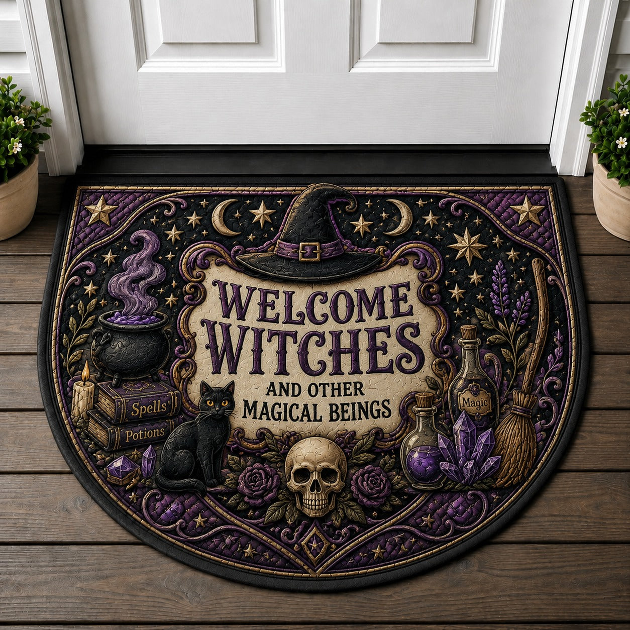 Welcome Witches And Other Magical Beings Welcome Mat - Witchy Decor Black Cat Spellbook Rug - 5to9vibe